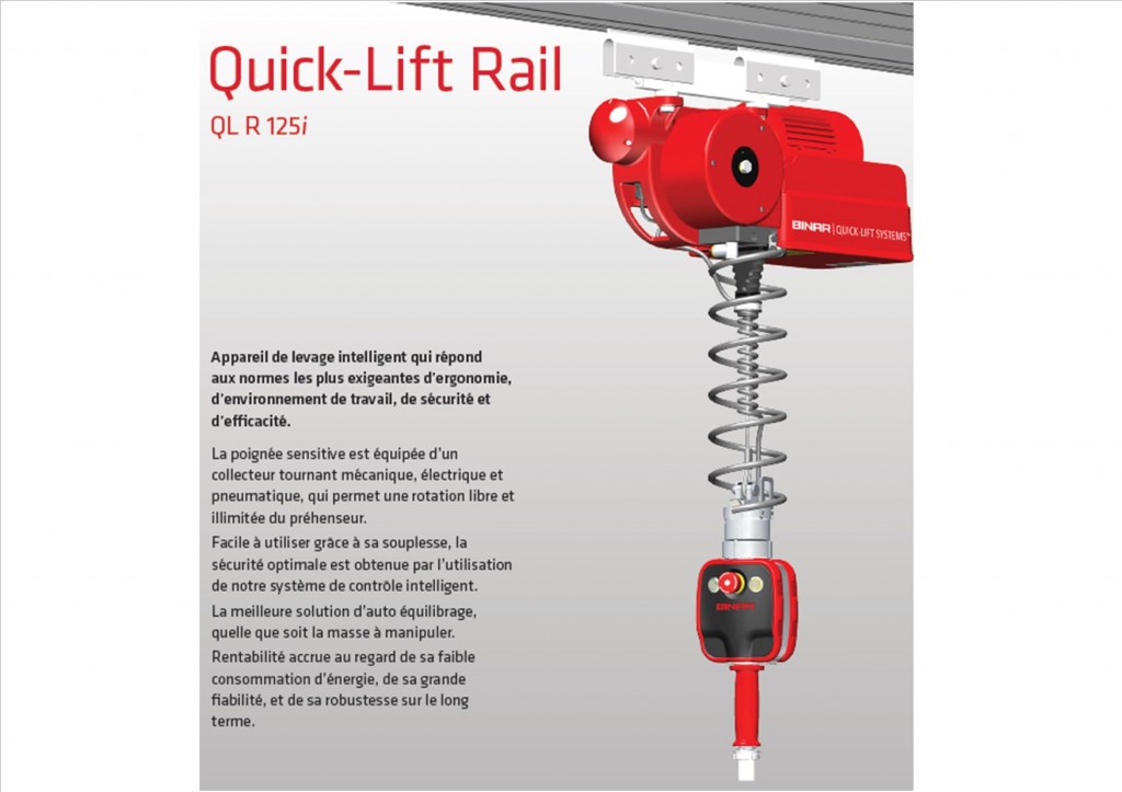 Quick Lift Rail, aide à la manutention, manipulateur industriel, Préhenseurs, équilibreur électrique, QLR 125i, QLR 200 et QLR 300i